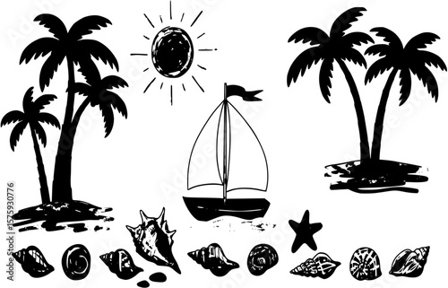 Summer beach doodles. Coastal vacation drawings. Hand drawn illustration of palm trees