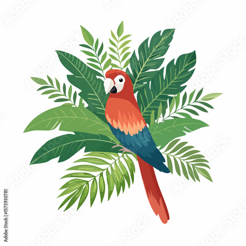 Vibrant Scarlet Macaw Perched Amidst Lush Tropical Foliage:  A Cheerful, Illustrated Stock Image.