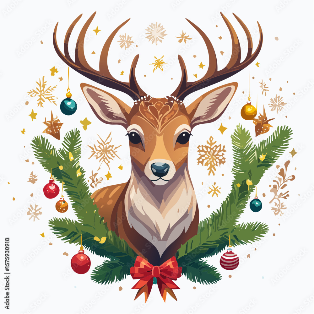 Naklejka premium Charming Christmas Deer Portrait: Festive Vector Illustration with Ornaments and Evergreen Branches.