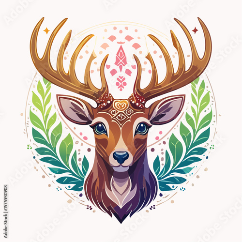 Serene Mandala Deer Head:  Ornate Antlered Buck, Mystical Forest Creature,  Vibrant Color Palette, Spiritual Design,  Vector Illustration.