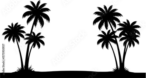 Black and white silhouette of palm trees on a tropical beach with flying birds
