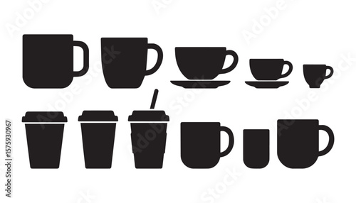 Collection of black coffee cups and mugs in various sizes isolated on white background.