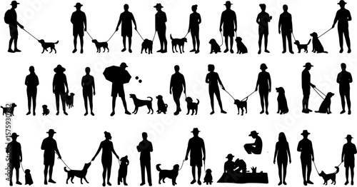 Group people all ages activities with dogs vector silhouette set collection.
