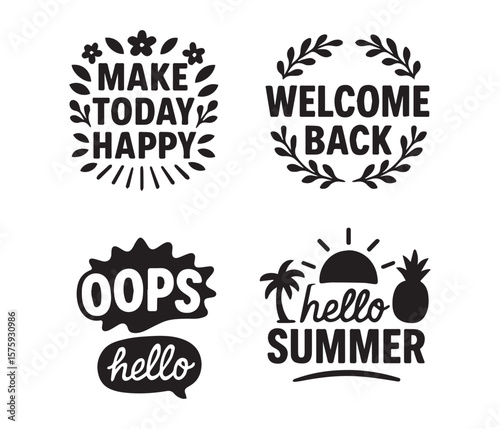 Collection of four hand drawn motivational and seasonal phrases isolated on white background.