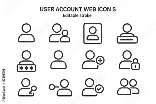 User Account Web Icon Set. Linear Profile, Avatar, Login, Password, Username, Add Friend, Access, Security, Verification, Identification, Connection, Editable Stroke, Minimal Design