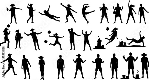 Group people all ages activities with dogs vector silhouette set collection.
