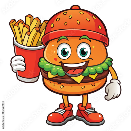 Cartoon hamburger character holding french fries and a drink