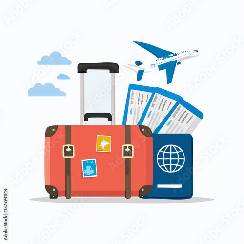 Retro Suitcase, Airplane, Passport, Tickets:  Happy Travel Adventure Illustration