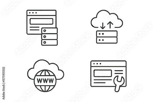 Web Hosting and Cloud Computing Icons Set. Line Style Web Server, Cloud Storage, Data Exchange, Domain, Website Maintenance. Modern Vector for Web, Mobile App, Network, Internet Services