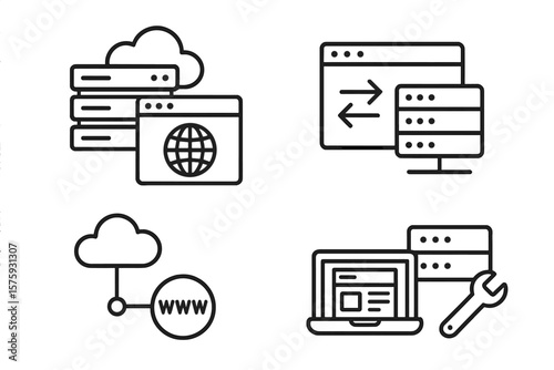 Cloud Web Hosting and Server Management Icons Set. Line Style Vector Illustrations of Webspace, Data Exchange, Domain, Cloud Computing, Website Maintenance, Internet Network, Server Tools