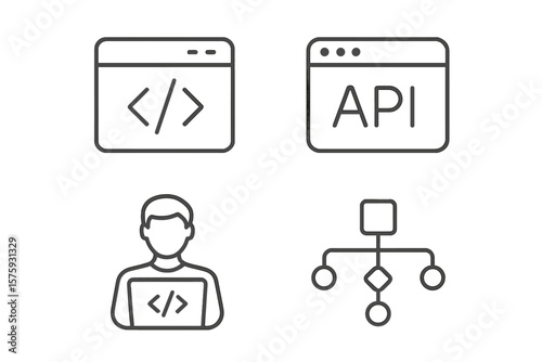 Web Development Line Icons Set. Coding, API Integration, Programmer, Application Flowchart, Node Connection, Web Developer, Software Engineer, Bug Fix, Code Window, App Design