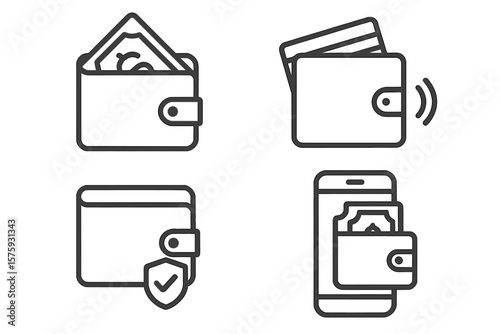 Wallet Icons Collection: Cash, Credit Card, Digital Wallet, Secure Payment, Mobile Banking, Line Style, Financial Security, Contactless Transaction, Money Management, Vector Set