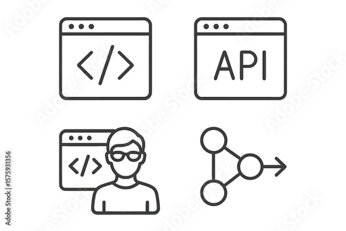 Web Development Line Icons Set – Coding, API, Programmer, Application Flow, Node Connection, Web Coder, Bug Fix, Developer Tools, Interface Elements