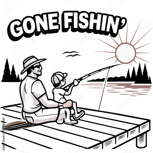 Father and son fishing on a dock at sunset