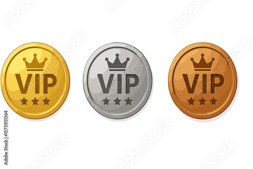 VIP Badge Set, Crown and Stars, Gold Silver Bronze, VIP Level Icons, Membership Reward Medals, Luxury Status Symbol, Premium Access, Round Vector, Loyalty Program, Achievement Award