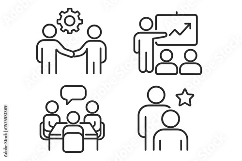 Teamwork Collaboration Coaching Meeting Management Line Icons Set. Business Workshop, Team Building, Training, Corporate Presentation, Leadership, Brainstorming, Office Communication, Mentoring