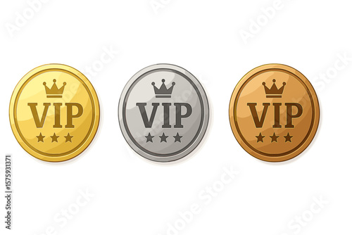 VIP Membership Badge Set. Gold, Silver, Bronze VIP Icons with Crown and Stars. Round Luxury Label for Loyalty Program, Rewards, Exclusive Access, Premium Club, Membership Levels, Modern Vector Design