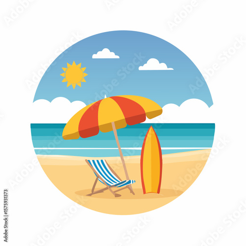 Sunny Beach Vacation:  Relaxing Chair, Surfboard, and Beach Umbrella under a Bright Summer Sky.
