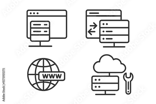 Web Hosting and Cloud Computing Icons Set. Line Style Vector Illustrations of Website Hosting, Data Exchange, Domain, Cloud Server, Maintenance, WWW Globe. Modern Web and App Design Elements