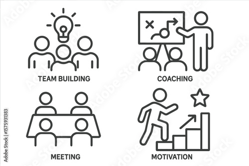Business Workshop Line Icons Set. Team Building, Coaching, Meeting, Motivation, Collaboration, Leadership, Office Training, Employee Development, Corporate Strategy, Success Concept