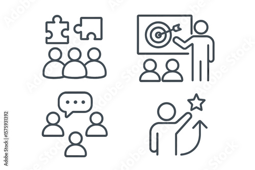 Team Building, Coaching, Teamwork, Meeting, Leadership, Goal Setting, Success, Communication, Line Style Business Workshop Web Icons Set