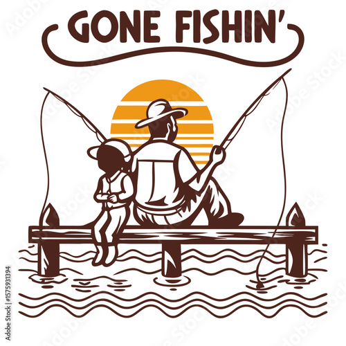 Father and child fishing together on a pier at sunset
