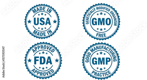 FDA Approved and Made in USA Stamps with GMO Free and GMP Seals | Product Quality Labels for Packaging, Marketing, and Consumer Confidence
