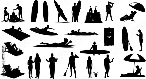 Vector illustration set of silhouette people enjoying summer vacation
