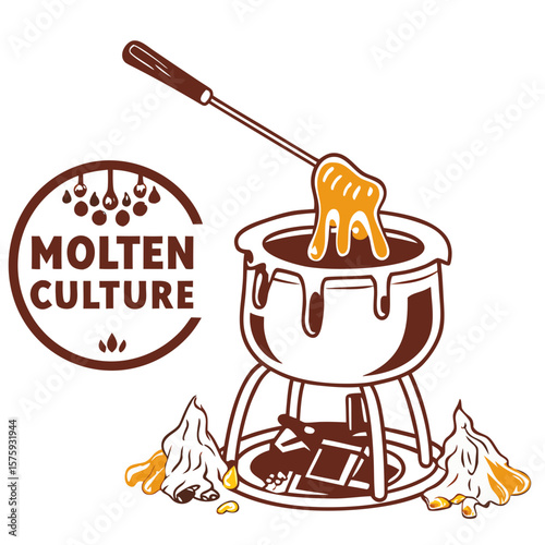 Fondue pot melting chocolates against a modern branding background