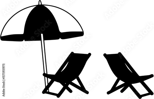 Beach chair and umbrella silhouette, Vector beach lounge illustration, Summer vacation chair graphic, Outdoor relaxing scene silhouette
