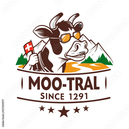 Cow wearing sunglasses holding Swiss flag against mountains