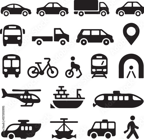 Collection of Transportation Icons Cars, Trucks, Bikes, Trains, and More