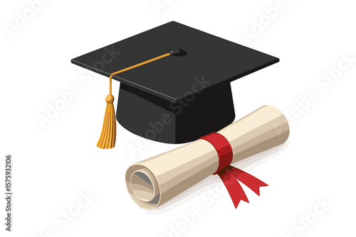 Black graduation cap with tassel and diploma scroll. University graduate hat for degree ceremony. Academic success symbol. Mortarboard icon for educational programs and learning.