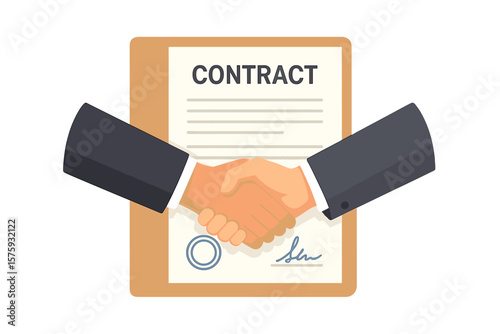 Business contract agreement with a handshake. Successful deal concept with signed document, signature, and seal. Vector illustration of partnership and corporate commitment.