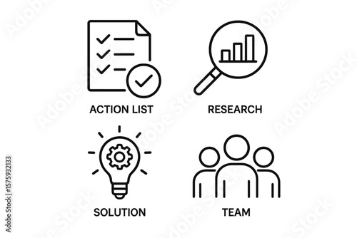 Business strategy and solutions icon set. Thin line vector icons for startup. Concepts for action plan, market research, innovation, and teamwork. Outline symbols for marketing.