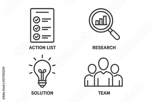 Business strategy and solutions icon set. Action list for planning, market research for growth, idea for innovation, teamwork for collaboration. Outline icons for startup goals.