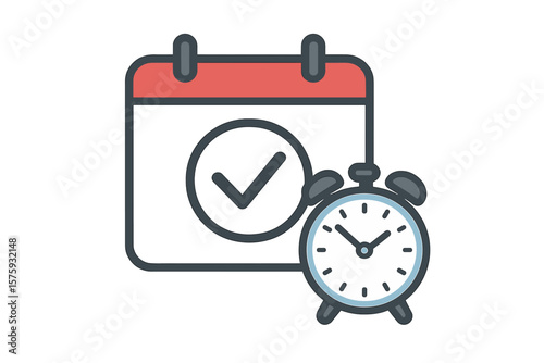 Calendar and clock icon. Appointment schedule. Important date. Time and date. Deadline on a calendar, event notification. Task done. Check mark. Time management concept.
