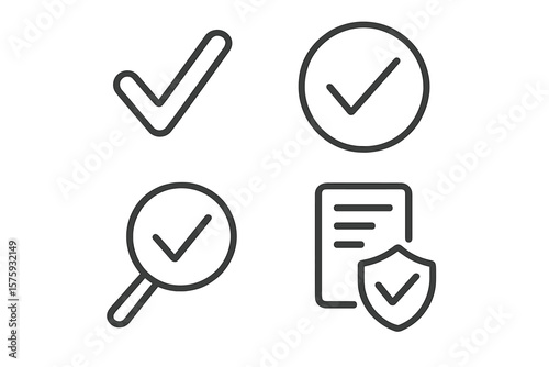 Check mark icon set in thin line style. Approve, tick, and quality check symbols for web and mobile applications. Document validation and security inspection vector signs.