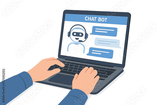 Chat bot in laptop. Man hands typing on keyboard. Online assistant communication. Customer service and support. Artificial intelligence technology and AI concept vector illustration.