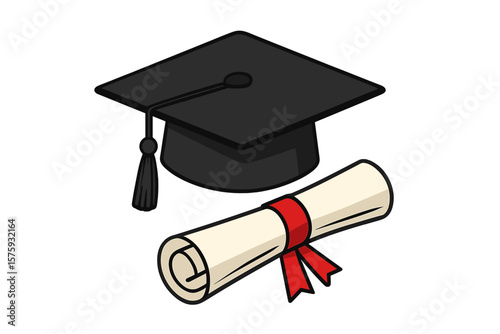 Graduation cap with tassel and diploma scroll. University mortarboard icon. Education, degree ceremony, and academic success concept. College graduate vector isolated.