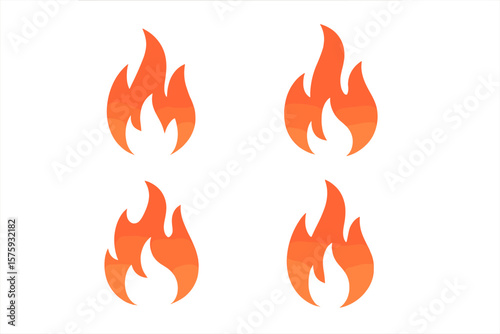 Fire flame icon set. Vector collection of 4 bonfire symbols. Simple flat logo concept for design. Hot blaze illustration. Danger, energy, power sign. Heat element isolated.