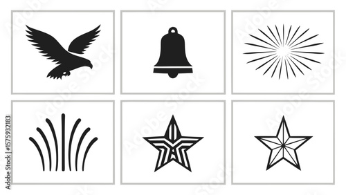 Black silhouettes of eagle bell starburst and abstract shapes