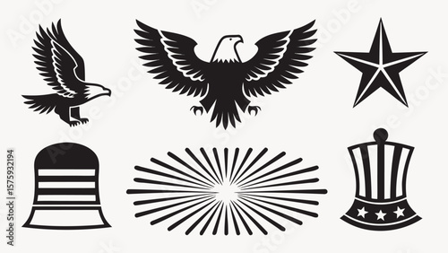 Black silhouettes of eagles stars and patriotic symbols