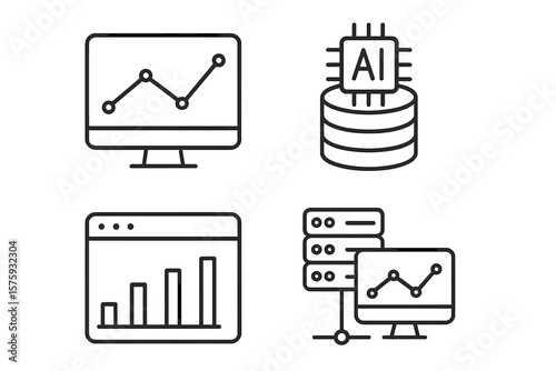 Data analytics and analysis icon set. Line style web and mobile app icons. Data processing, statistics, database, ai, monitoring, computing, chart, graph, server concept.
