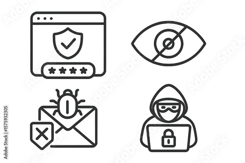 Cyber security icon set. Hacker attack and data protection. Phishing email virus. Secure password login. Internet privacy and safety. Digital crime and network technology.
