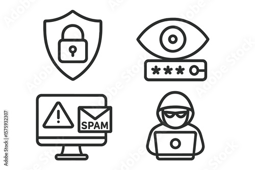 Cyber security icon set. Internet safety concepts: data protection, network defense, hacker, spam, phishing, password theft, online privacy. Thin line style vector graphic.