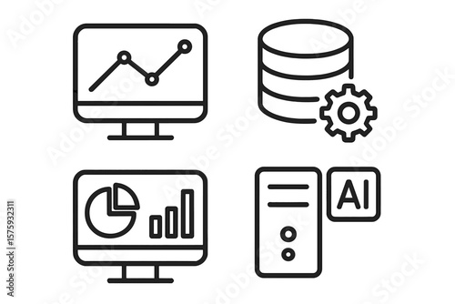 Data analytics and AI icon set. Thin line style icons for web and mobile app. Data processing, statistics, database management, business intelligence monitoring concept.