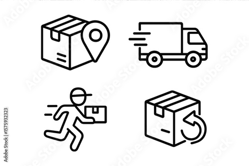 Shipping and delivery service line icon set. Logistics, express courier, order tracking and package return icons. Transport truck. For web, mobile app. Vector illustration.