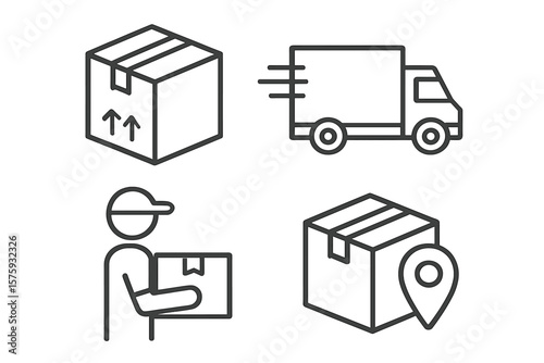 Delivery and logistic icon set. Shipping service symbols for web and mobile app. Package, fast truck, courier, and location tracking line icons. Vector illustration.