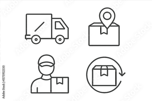 Delivery and logistic icon set. Shipping service thin line icons for web and mobile app. Includes truck, courier, order tracking, and package return. Vector symbols for e-commerce.